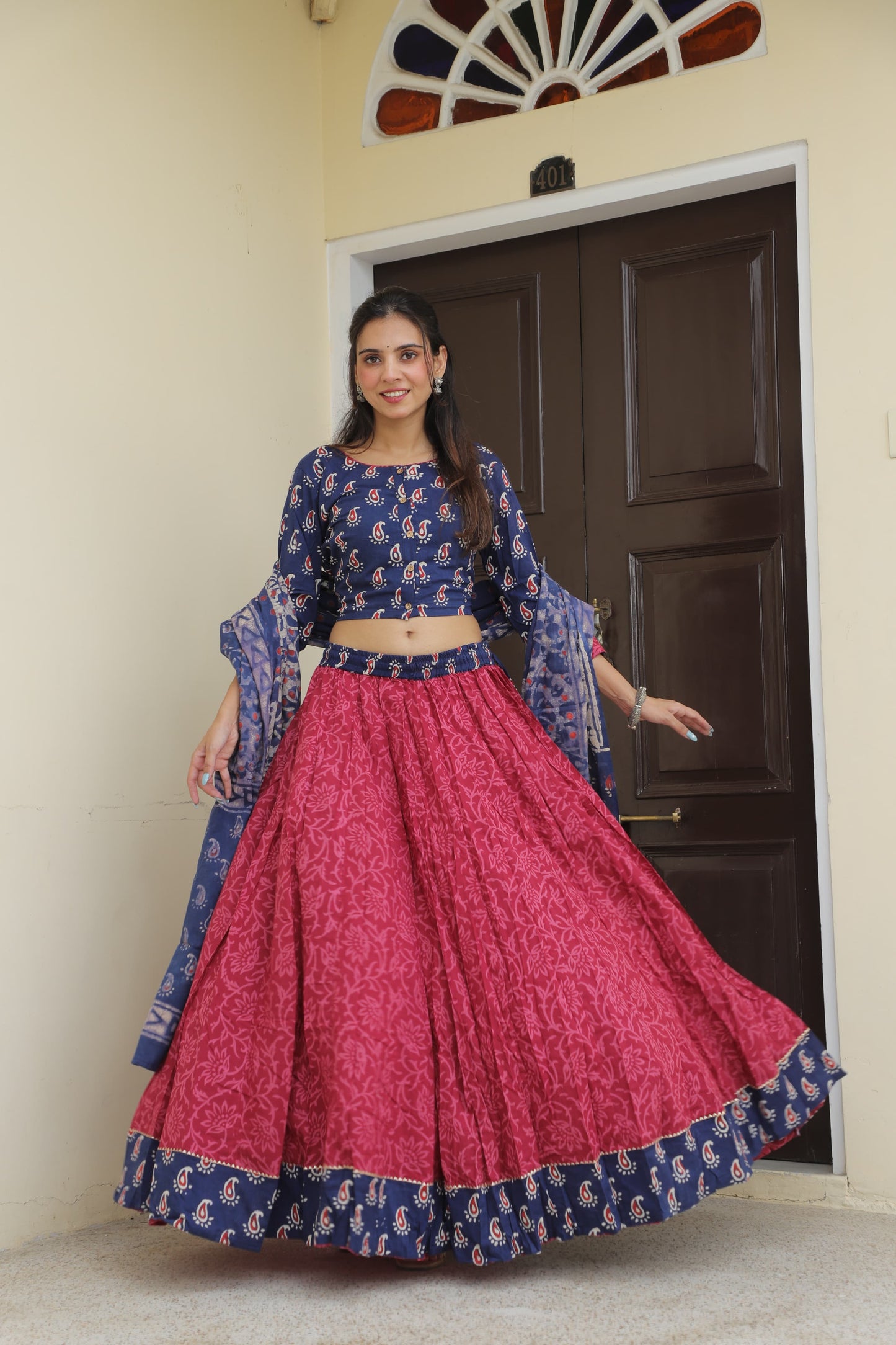 Indigo and Pink Mix & Match Hand Block Printed Cotton Lehenga Set