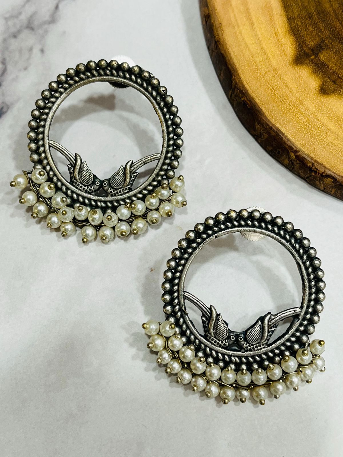 Antique Oxidized Round Jhumka Earrings with Dove Motif & Pearl Fringe