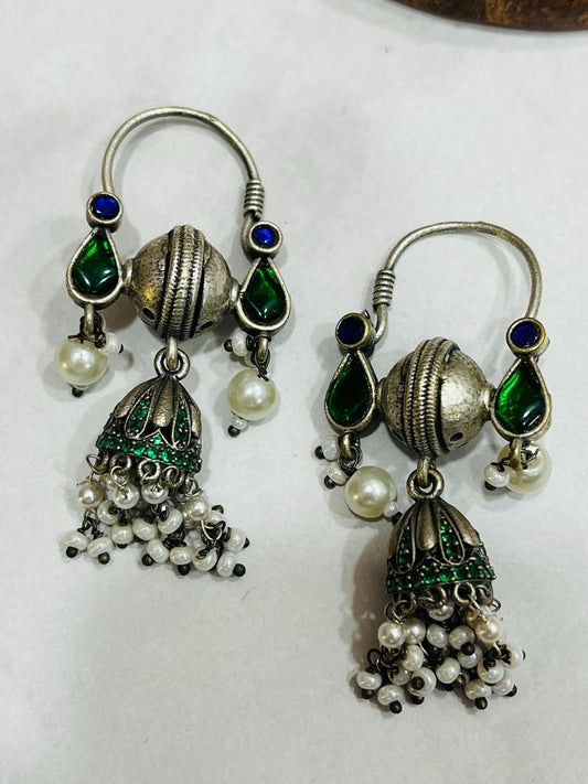 Antique Oxidized Green Jhumka Earrings with Beaded Pearl Drops