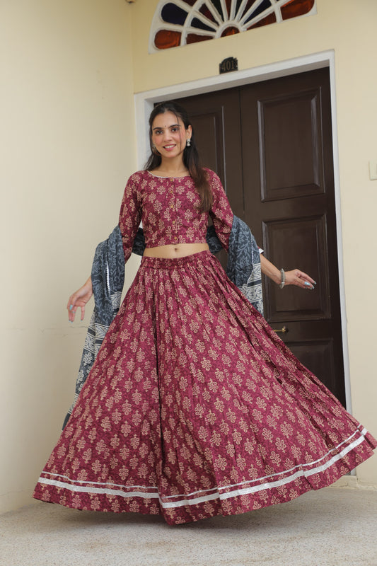Maroon Hand Block Printed Cotton Lehenga Choli with Contrasting Grey Dupatta and Gota Patti Border