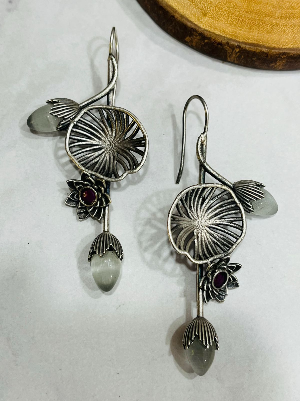 Handcrafted Oxidised Silver Lotus Drop Earrings with Semi-Precious Stones