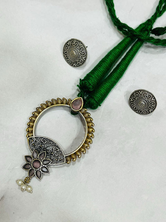 Handcrafted Dual-Tone Pendant Necklace with Green Thread & Floral Motif