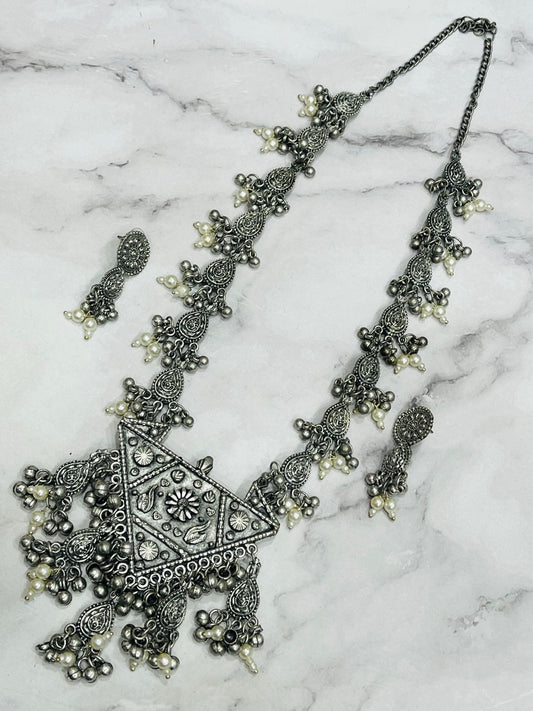 Tribal Oxidised Silver Triangle Pendant Necklace Set with Earrings & Pearl Beads