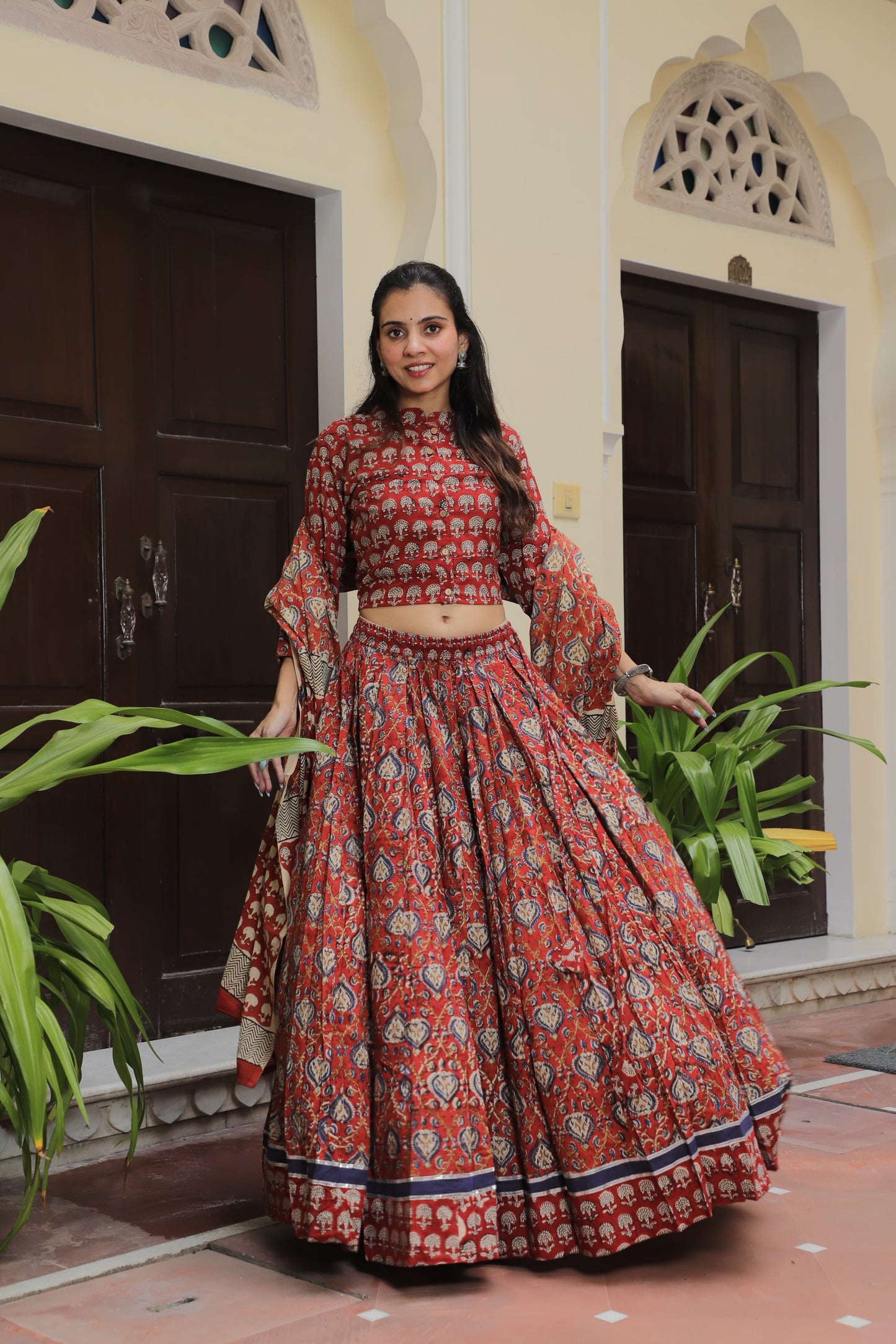 Red Bagru Block Print Cotton Lehenga Set with Paisley Skirt and Flared Bell Sleeves