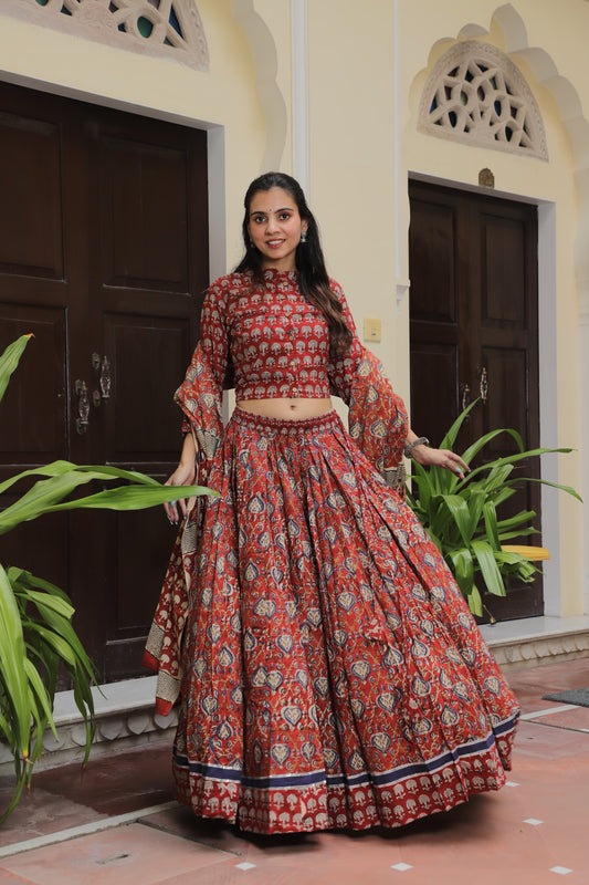 Red Bagru Block Print Cotton Lehenga Set with Paisley Skirt and Flared Bell Sleeves