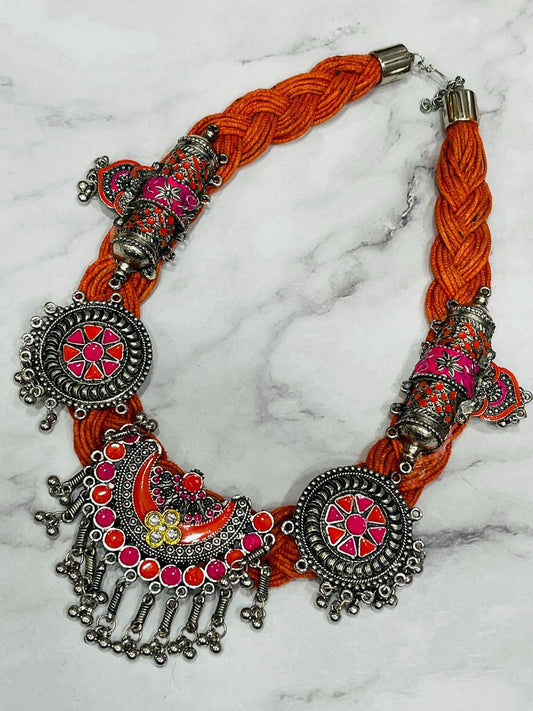Boho Tribal Oxidised Necklace with Red Enamel Work & Braided Orange Thread