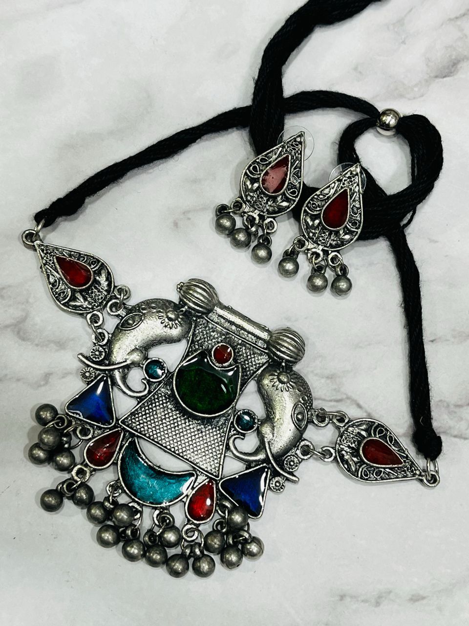 Bohemian Oxidised Peacock Pendant Necklace Set with Colorful Inlay & Earrings