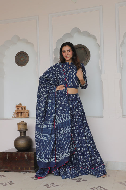 Indigo Blue Dabu Hand Block Printed Cotton Lehenga Choli with Dupatta