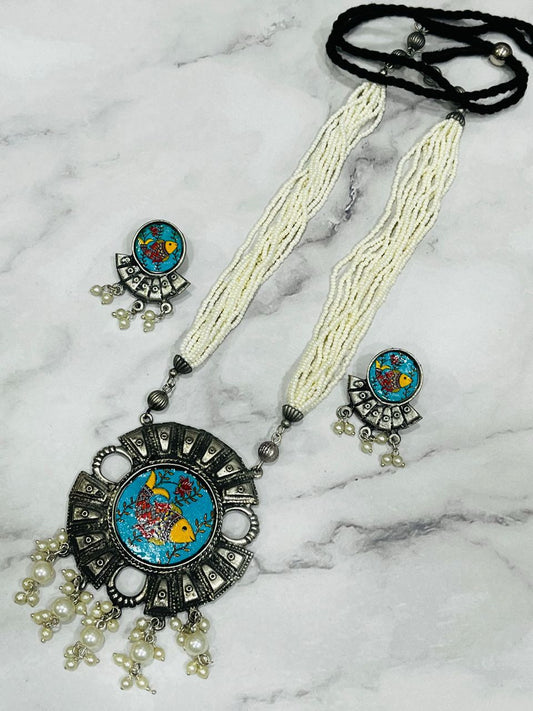 Boho Hand-Painted Tribal Necklace Set with White Beads & Earrings – Oxidized Silver Finish
