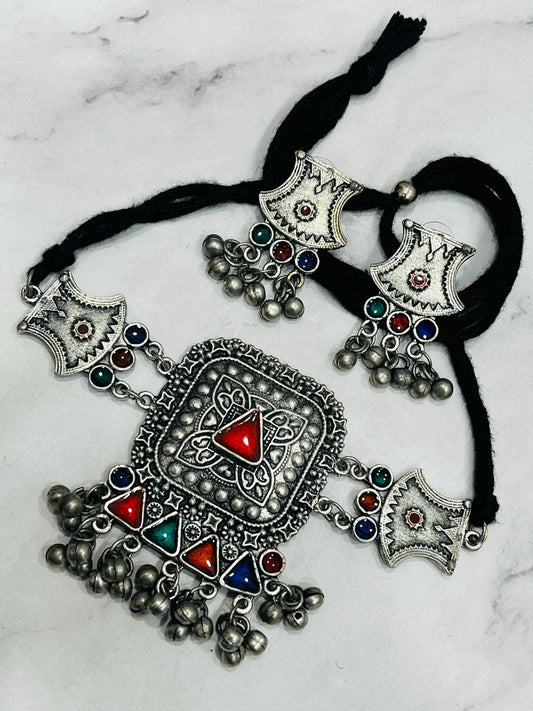 Tribal Oxidized Necklace Set with Black Thread & Multicolor Stonework (Includes Earrings)