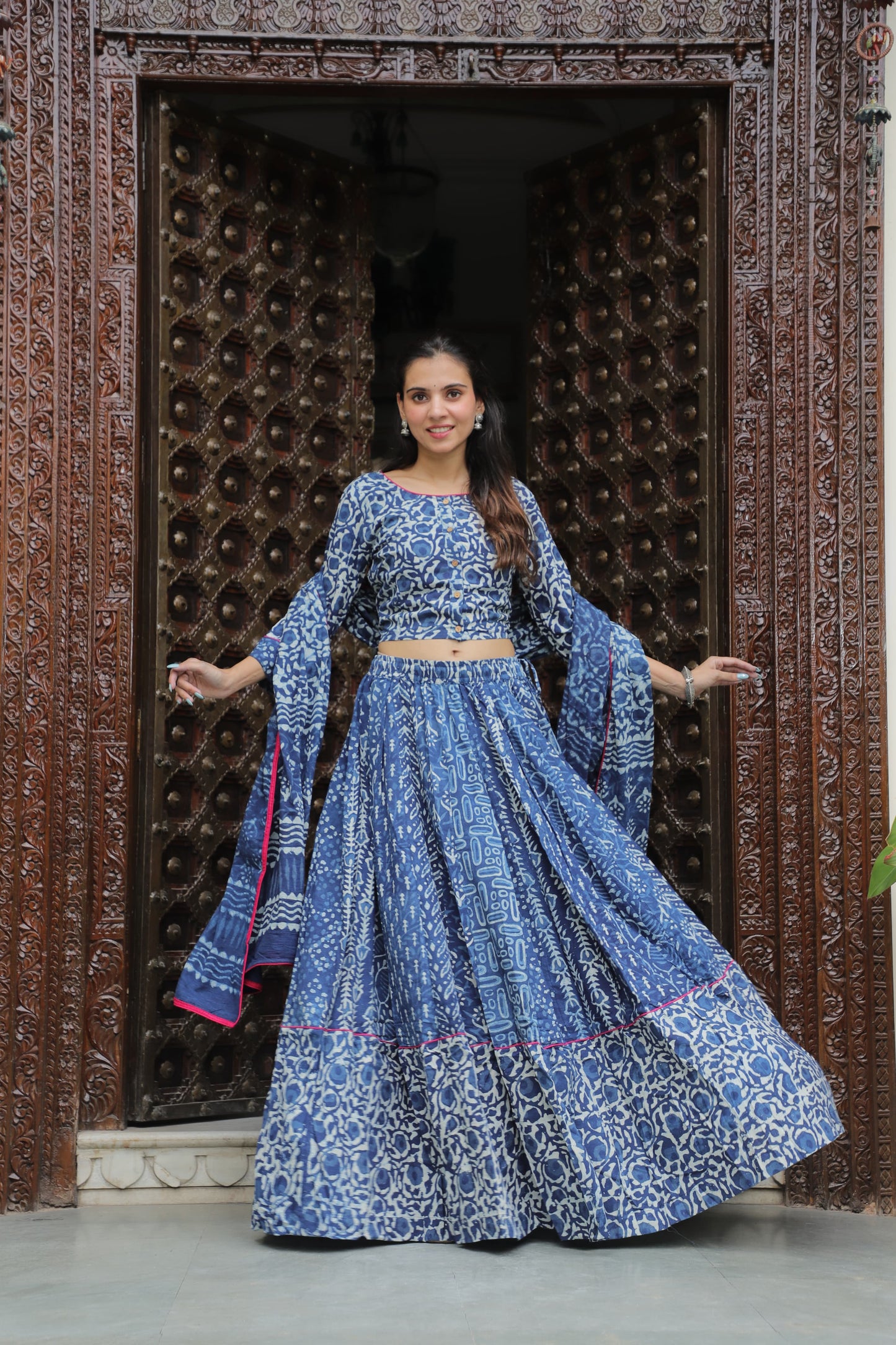 Jaipuri Dabu Print Indigo Lehenga Set with Pink Piping Detail