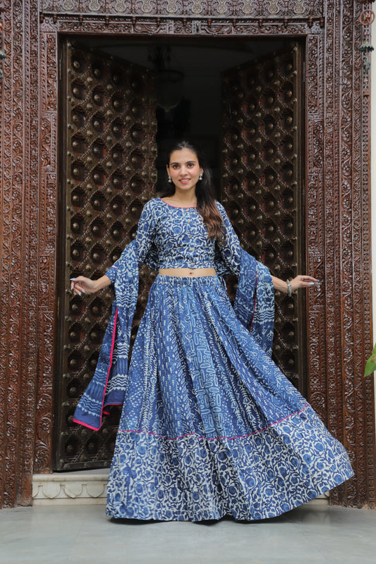 Jaipuri Dabu Print Indigo Lehenga Set with Pink Piping Detail