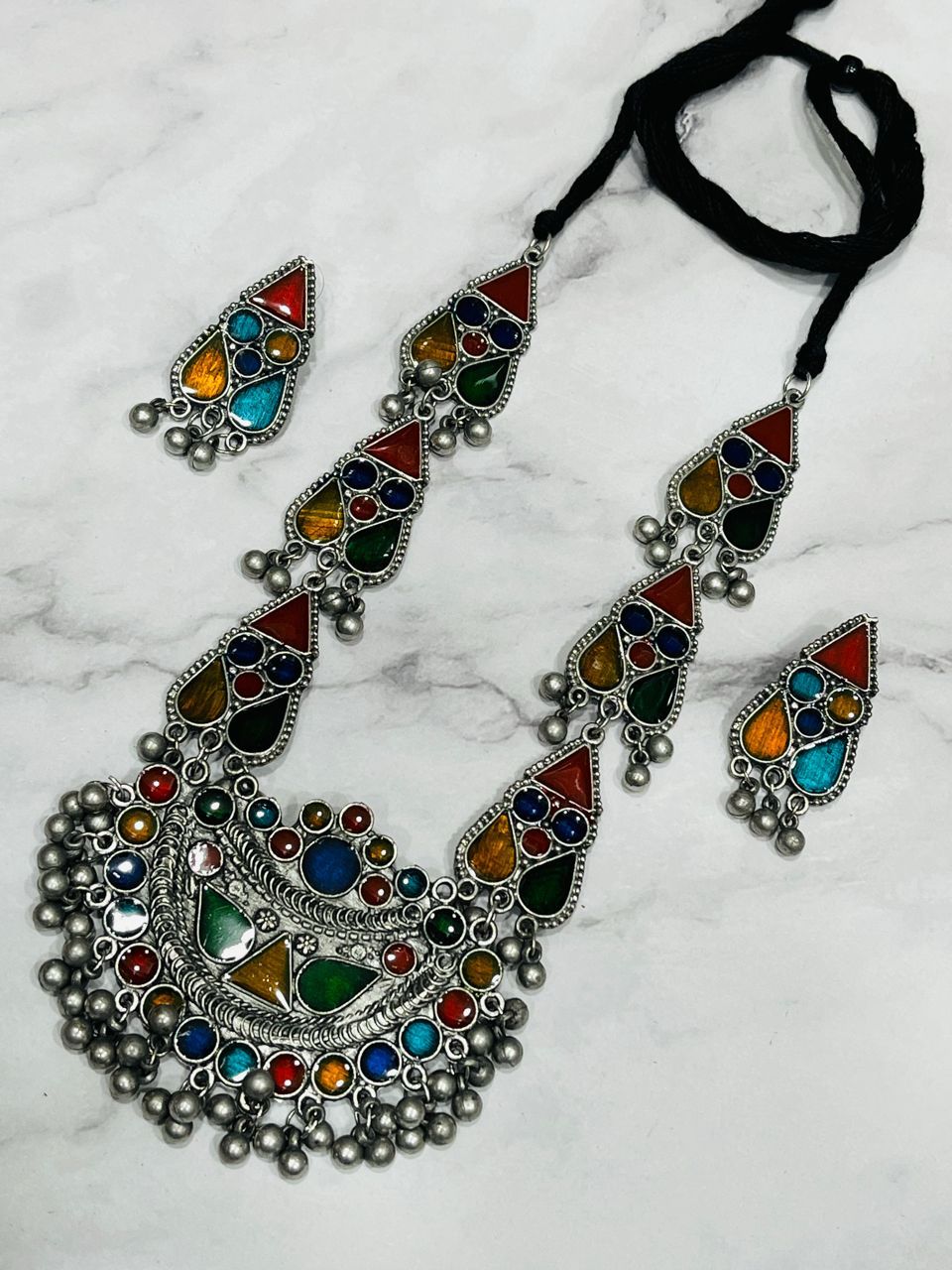 Boho Tribal Oxidized Silver Necklace Set with Multicolor Glass Inlay – Statement Jewellery