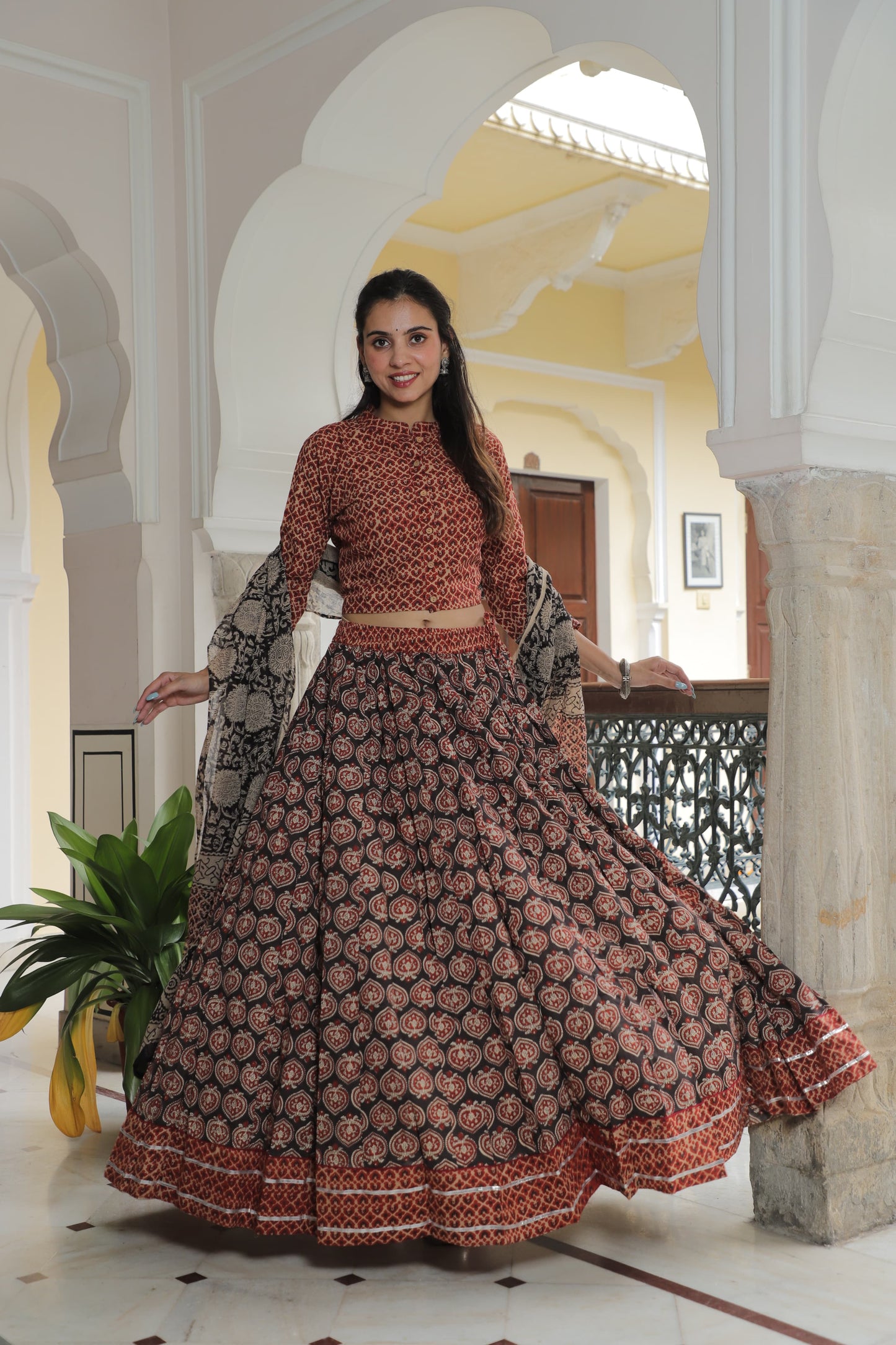 Maroon & Black Bagru Hand Block Print Cotton Lehenga Choli with Gota Patti Detailing