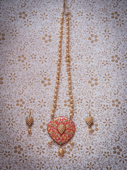 Red & Gold Handcrafted Meenakari Heart Pendant Necklace Set – Traditional Rajasthani Jewellery