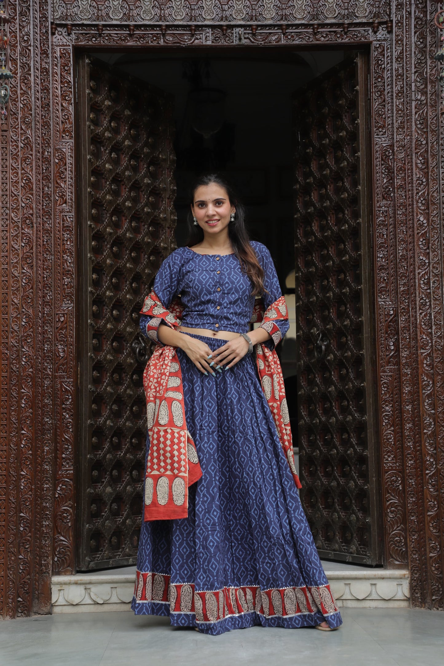 Indigo Geometric Print Cotton Lehenga Choli with Contrasting Red Paisley Dupatta