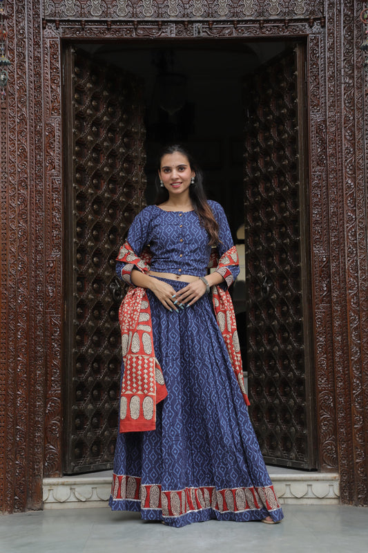 Indigo Geometric Print Cotton Lehenga Choli with Contrasting Red Paisley Dupatta