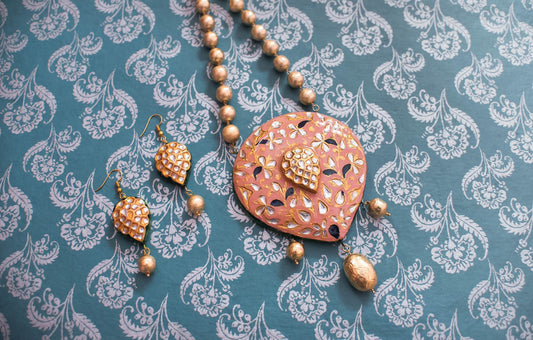 Pastel Peach & Gold Meenakari Heart Pendant Necklace Set – Handcrafted Traditional Jewellery with Earrings