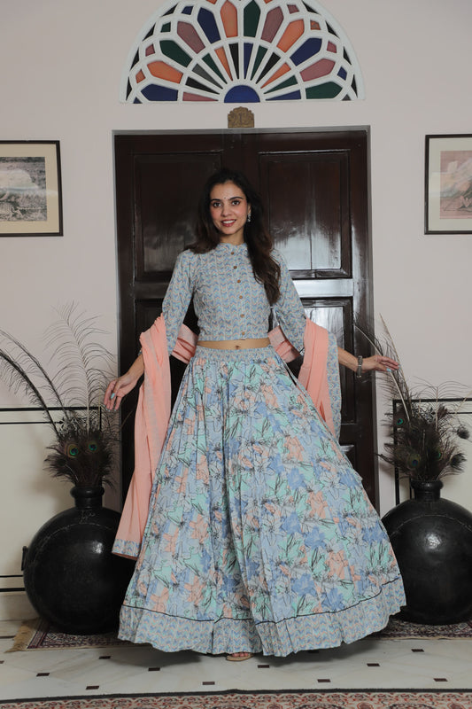 Pastel Blue Floral Hand Block Print Lehenga with Geometric Print Choli and Peach Dupatta