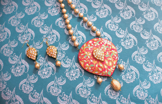 Bright Red & Gold Meenakari Heart Pendant Necklace Set – Handcrafted Rajasthani Jewellery with Earrings