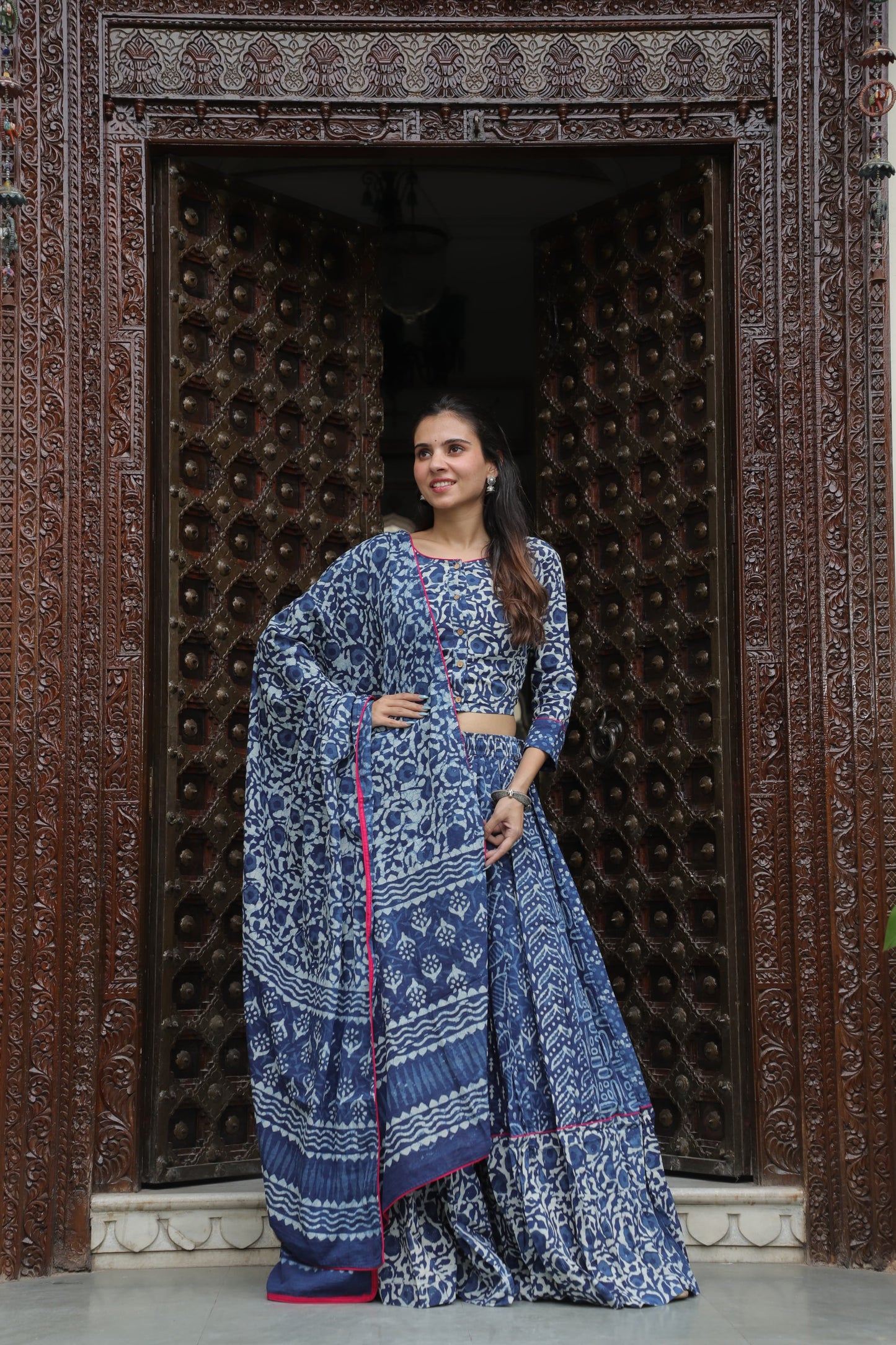 Indigo Hand Block Print Cotton Lehenga Choli Set with Dupatta and Pink Piping Detail