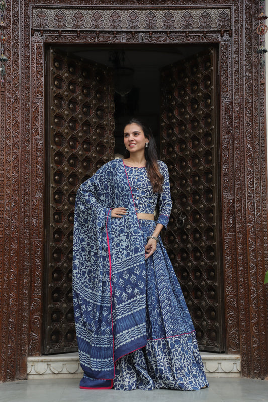 Indigo Hand Block Print Cotton Lehenga Choli Set with Dupatta and Pink Piping Detail
