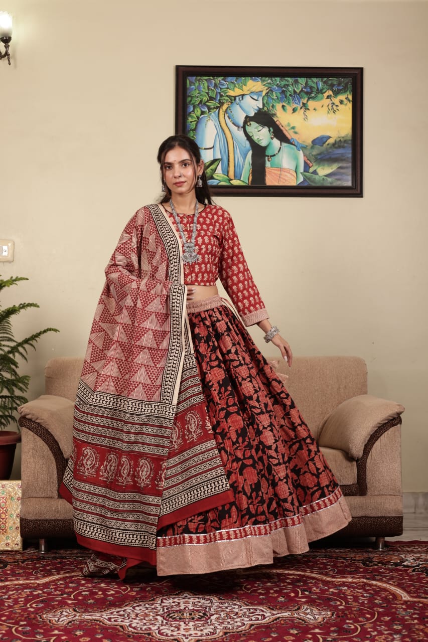 Red & Black Bagru Hand Block Print Cotton Lehenga Choli with Gota Patti and Dupatta