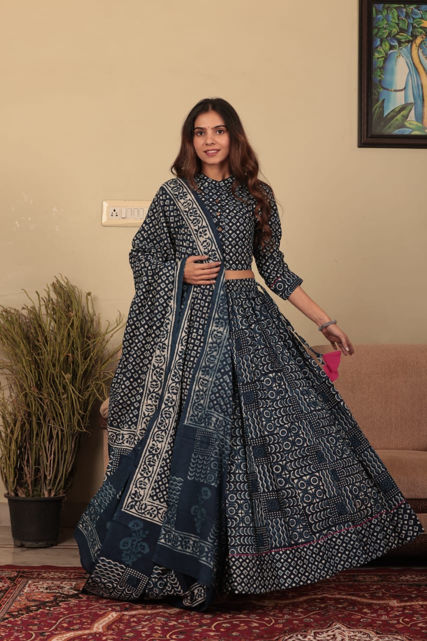 Indigo Hand Block Print Cotton Lehenga Choli Set with Shirt Style Top and Dupatta