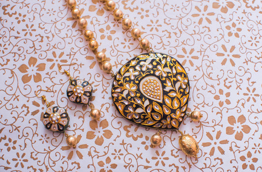 Handcrafted Meenakari Necklace & Earrings Set – Traditional Rajasthani Jewellery with Golden Beads