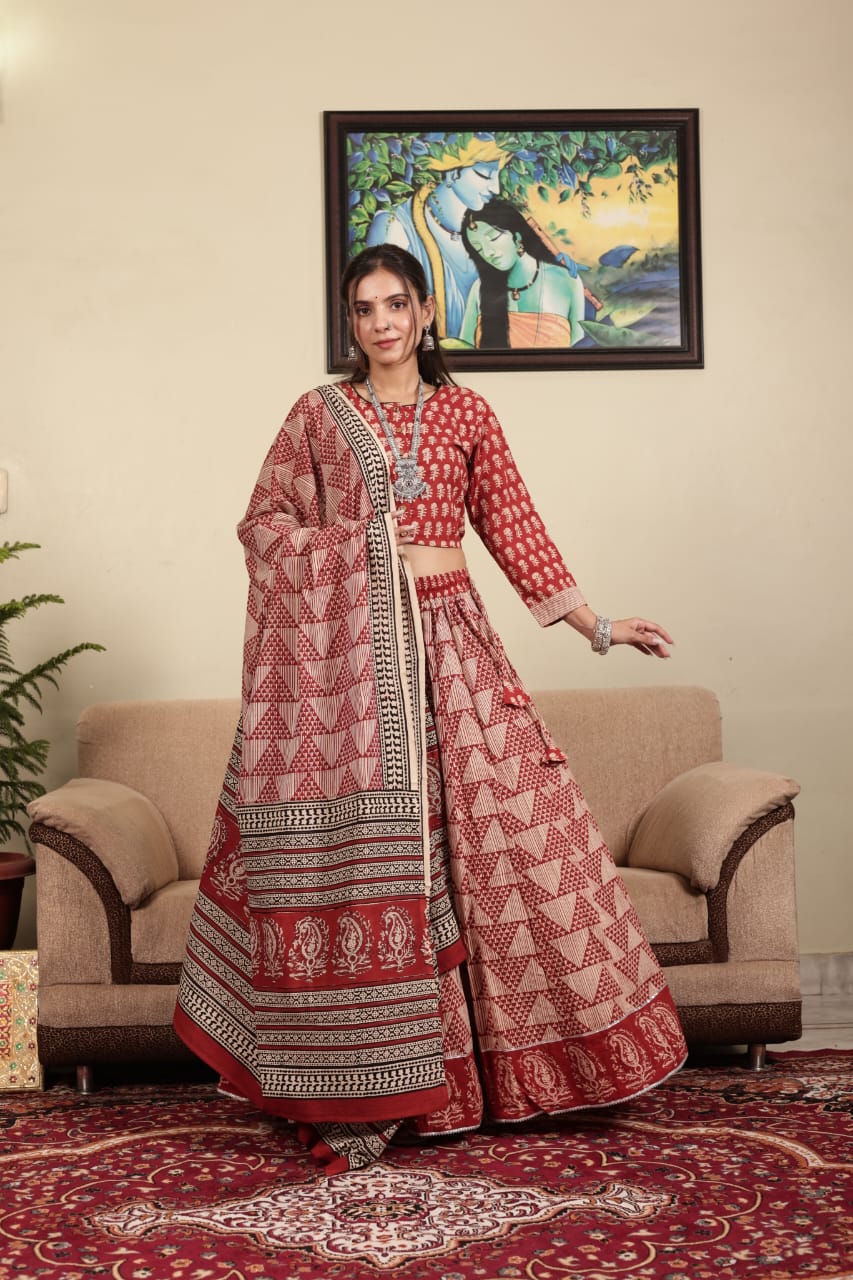 Red & Beige Ajrakh Hand Block Print Cotton Lehenga Choli with Dupatta
