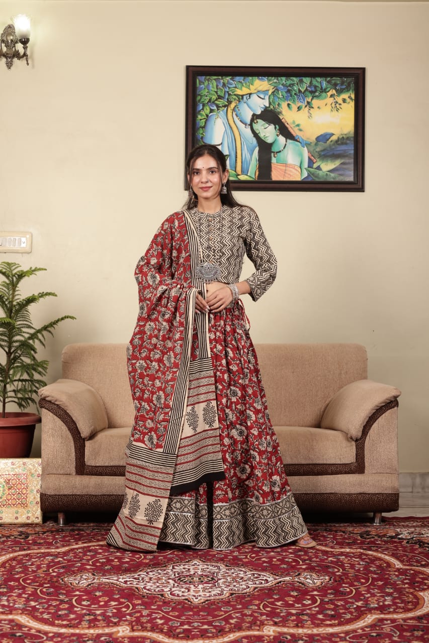 Red & Black Mixed Print Ajrakh Cotton Lehenga Choli with Dupatta