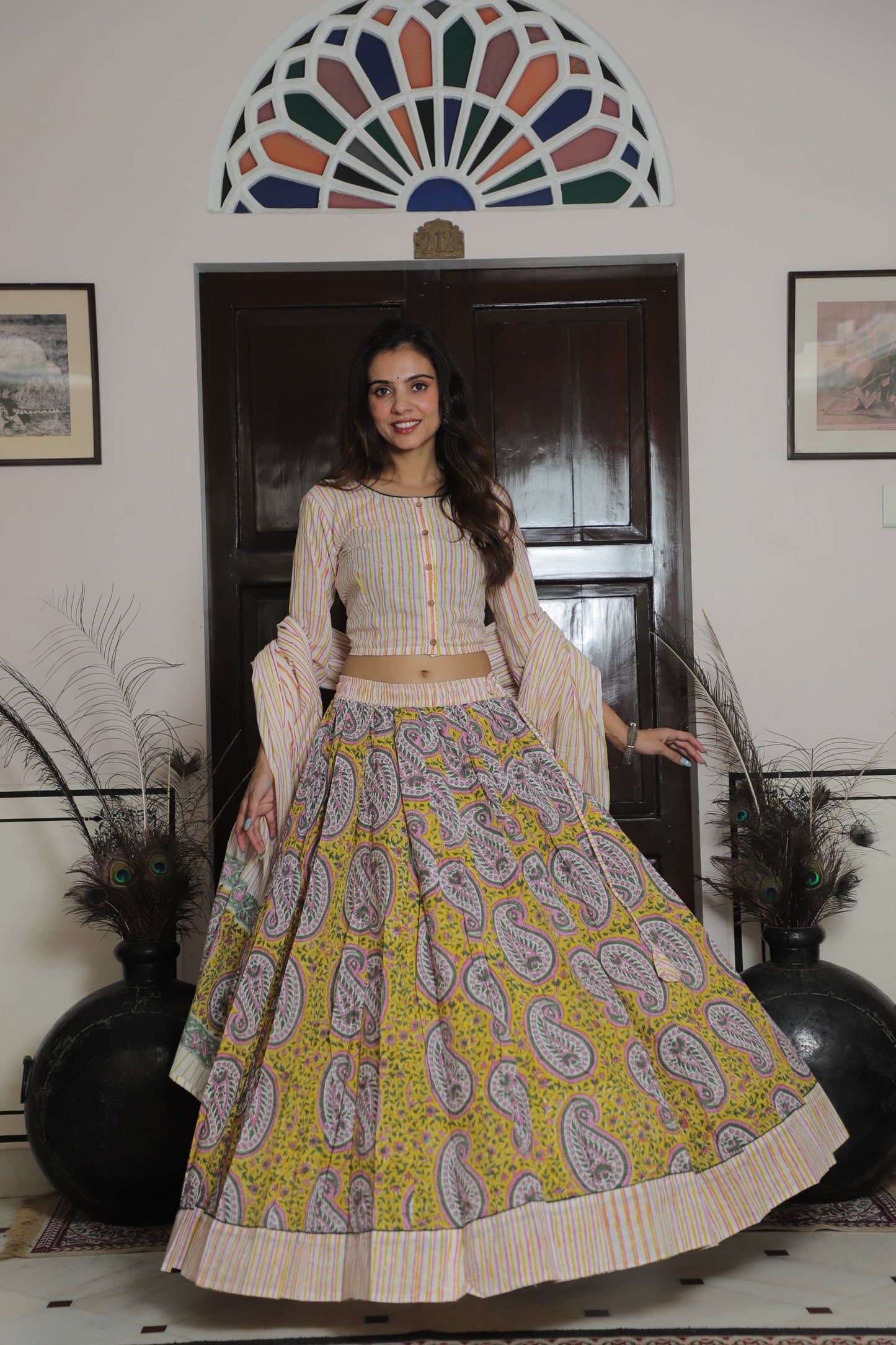 Yellow Hand Block Print Cotton Lehenga with Paisley Skirt and Striped Bell Sleeve Choli