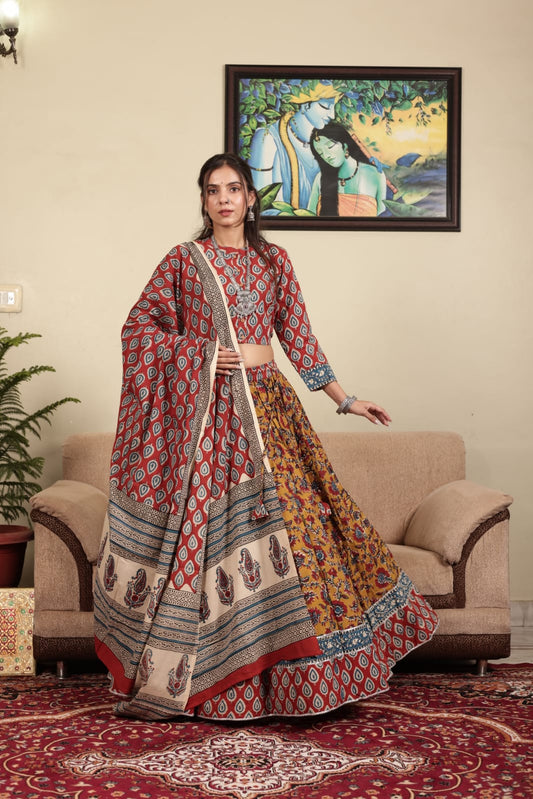 Red & Mustard Yellow Hand Block Print Cotton Lehenga Choli with Paisley Dupatta