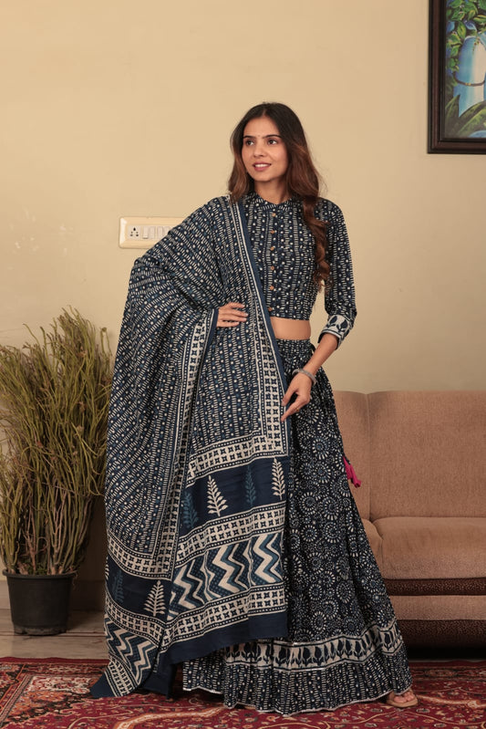 Indigo Hand Block Print Cotton Lehenga Set with Shirt-Style Choli and Dupatta
