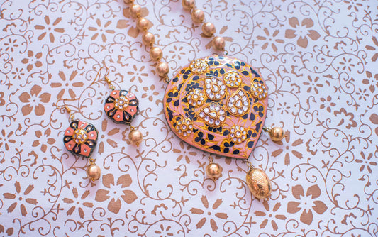 Pink & Black Meenakari Heart Pendant Necklace Set – Handcrafted Traditional Rajasthani Jewellery with Earrings