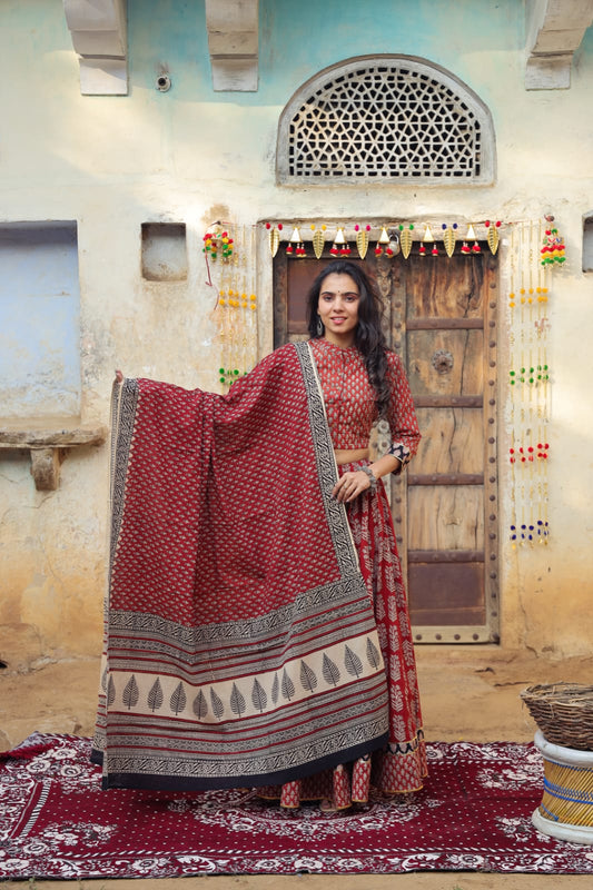 Red & Black Bagru Hand Block Print Cotton Lehenga Choli with Leaf Motif Dupatta