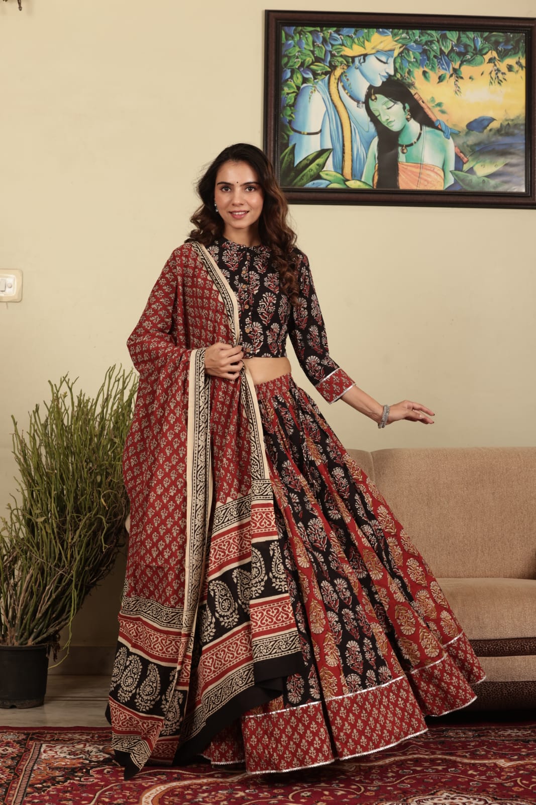 Red & Black Hand Block Print Cotton Lehenga with Paneled Kali Skirt, Choli, and Dupatta