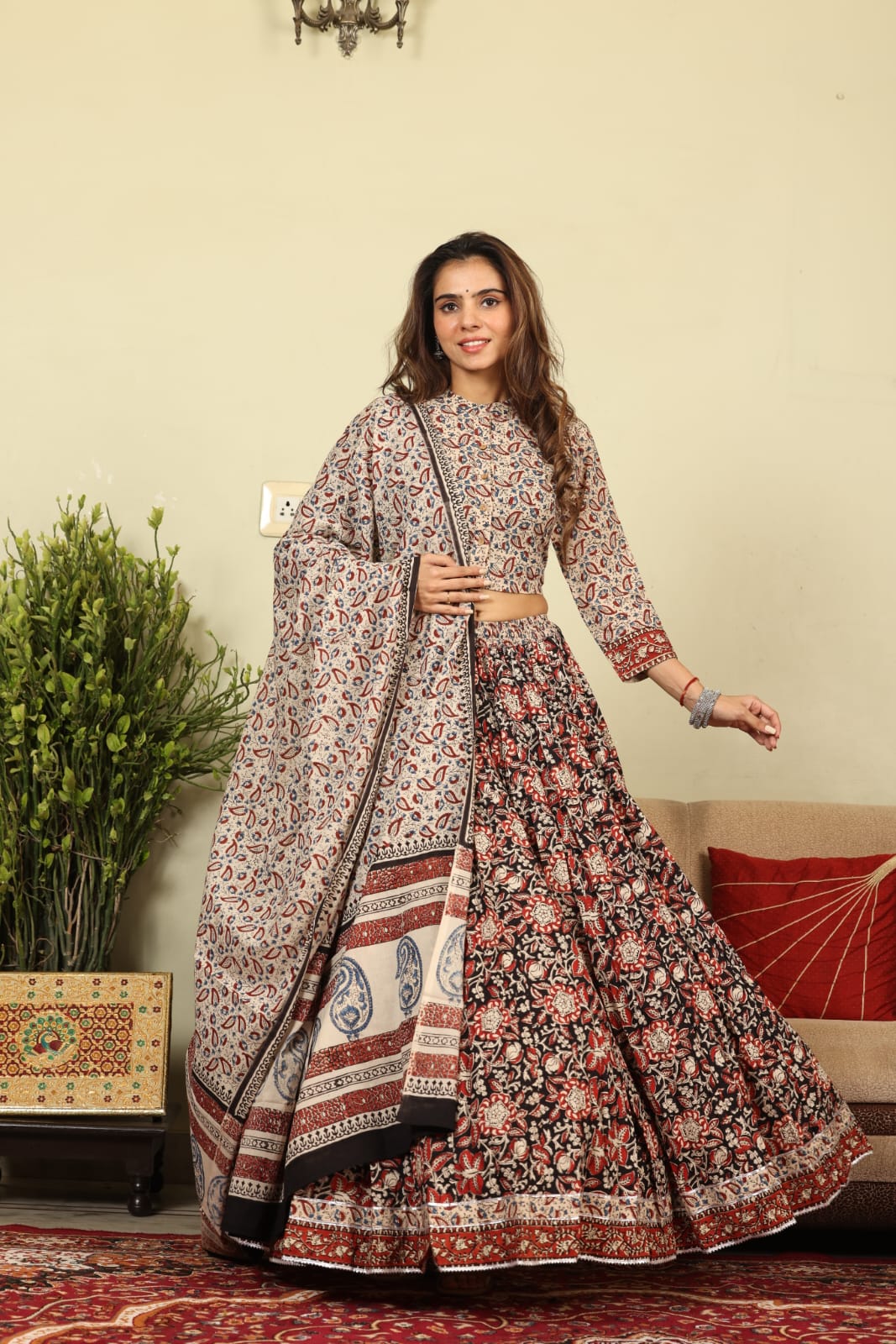 Red & Black Hand Block Print Cotton Lehenga with Contrasting Paisley Choli and Dupatta