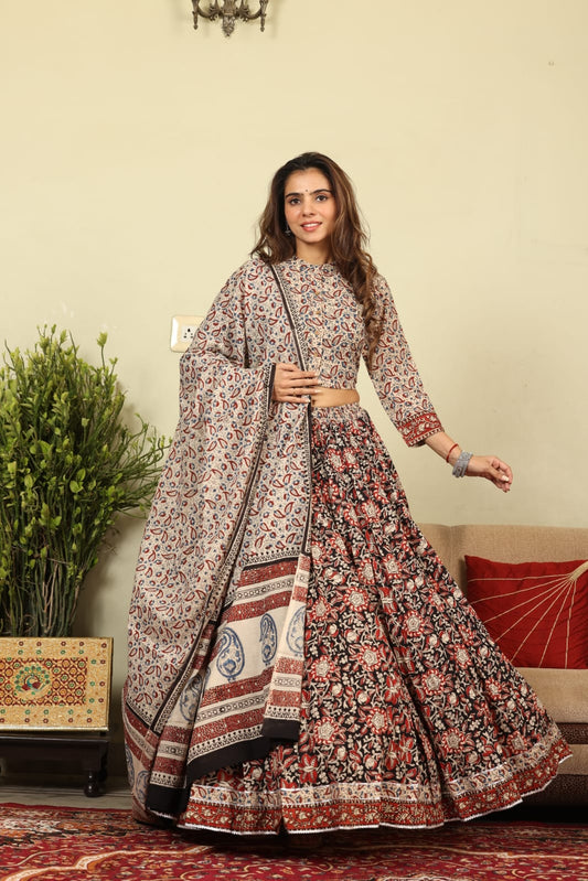 Red & Black Hand Block Print Cotton Lehenga with Contrasting Paisley Choli and Dupatta