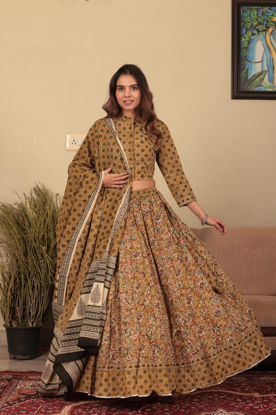 Mustard Yellow Hand Block Print Cotton Lehenga Choli with Contrasting Prints and Dupatta