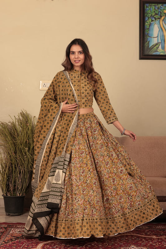Mustard Yellow Hand Block Print Cotton Lehenga Choli with Contrasting Prints and Dupatta