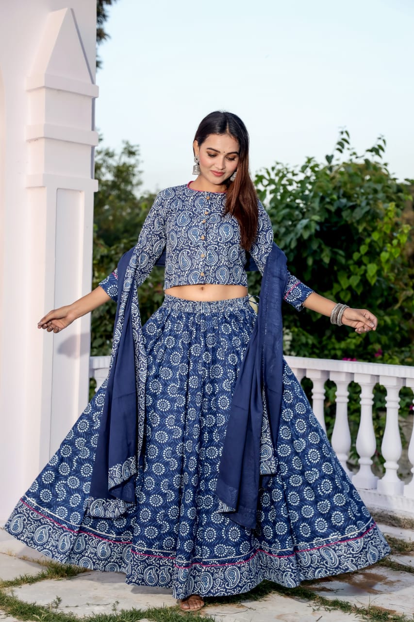 Indigo Hand Block Print Cotton Lehenga Choli Set with Paisley & Floral Motifs