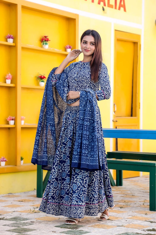 Indigo Hand Block Print Cotton Lehenga Choli Set with Contrasting Floral and Paisley Prints