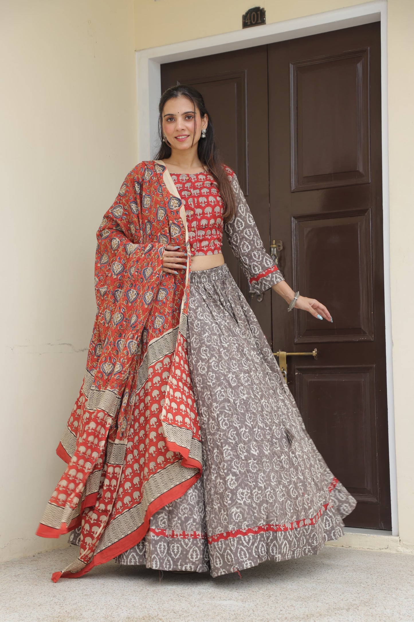 Grey and Red Mix & Match Hand Block Printed Cotton Lehenga Set with Paisley Dupatta