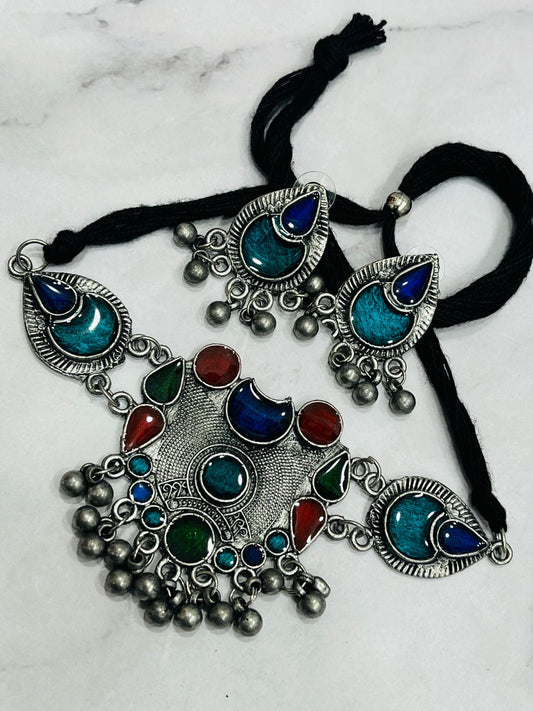 Bohemian Oxidized Necklace Set with Colorful Teardrop Stones & Black Thread Tie