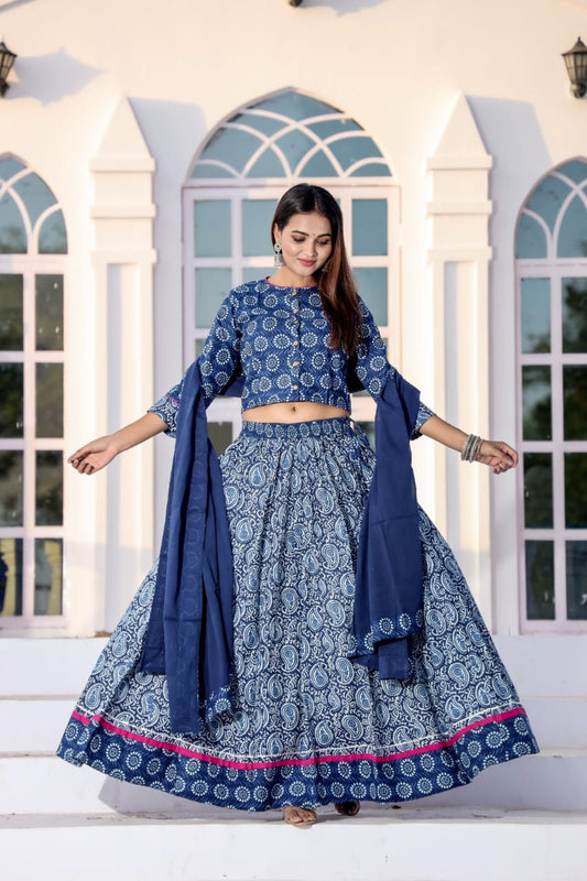 Indigo Hand Block Print Cotton Lehenga Set with Paisley Skirt, Buti Choli, and Dupatta
