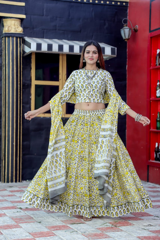 Yellow & Grey Hand Block Print Cotton Lehenga Set with Floral Print and Bell Sleeves