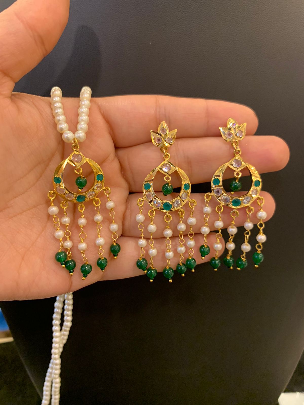 Pearl & Green Bead Dangler Necklace Set with Floral Top Earrings