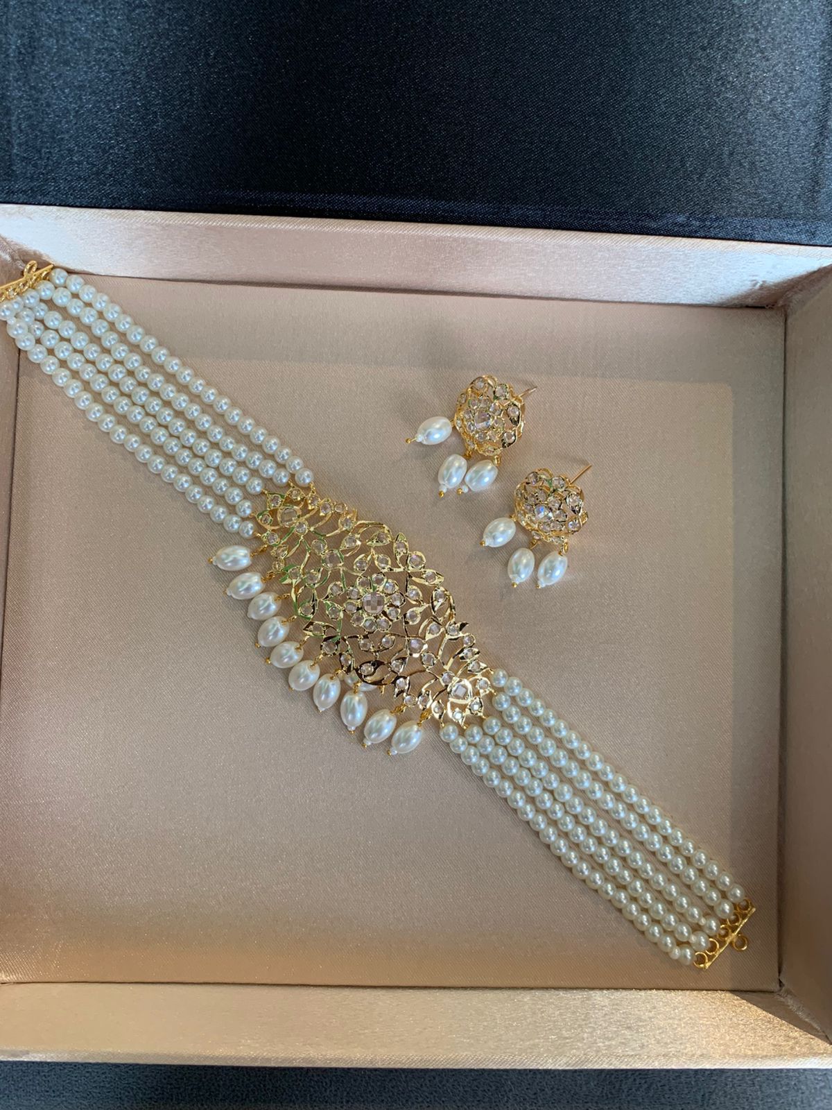 Bridal Pearl Choker Necklace Set with Gold-Plated Kundan Work and Earrings