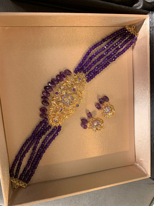 Royal Purple Beaded Kundan Choker Necklace Set with Earrings